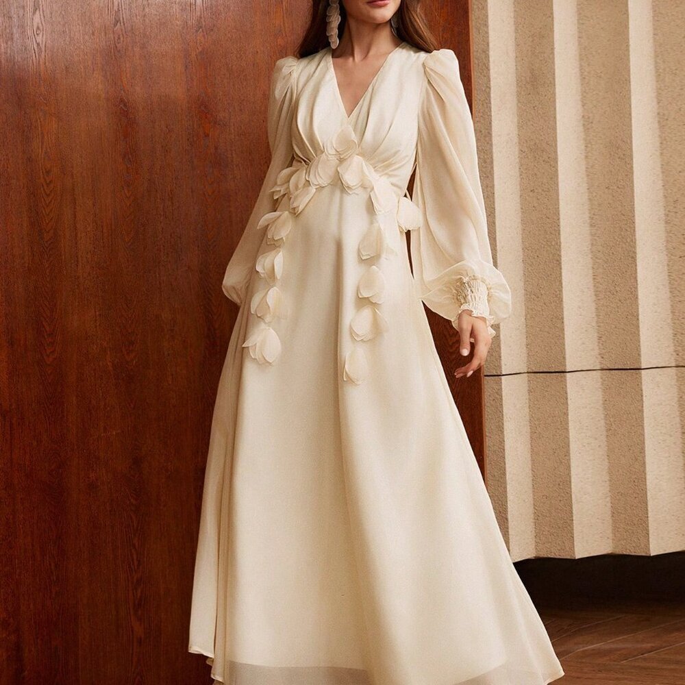 Apricot Elegant Women's V-Neck Floral Appliqued Long Sleeve Maxi Dress